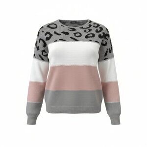 Leopard Colorblock Sweater Gray Blush Cream Cozy Knit Long Sleeve-New